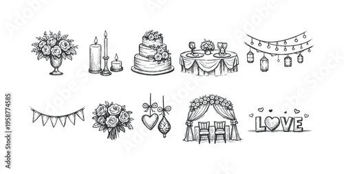 Hand-drawn wedding elements collection for romantic celebrations and events