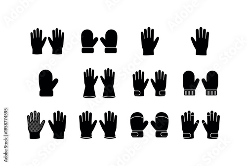 Collection of diverse glove and mitten icons in silhouette for various uses
