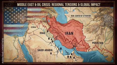 Geopolitical map of the Middle East highlighting Iran and the oil crisis. Infographic featuring a downward trend graph, petroleum icons, and a faded USA flag. Concept of global energy market tensions