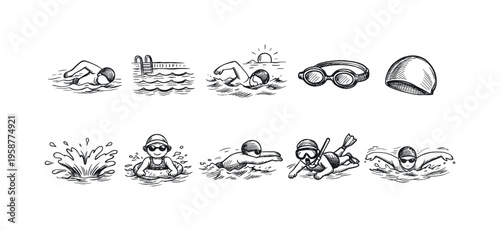 Collection of hand-drawn illustrations depicting various swimming activities and accessories