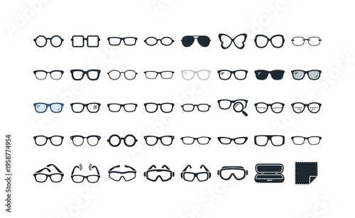 Collection of diverse eyeglasses and optical wear icons for vision correction and style