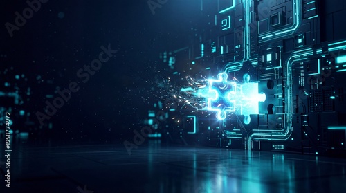 Neon puzzle pieces colliding with sparks on dark background