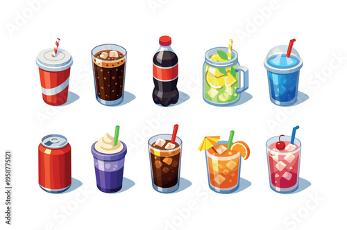 Collection of refreshing cold drinks and beverages in isometric style