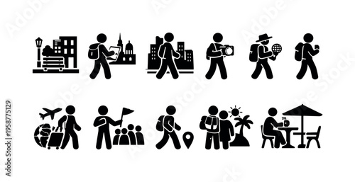 Collection of stick figure icons representing various travel and tourism activities