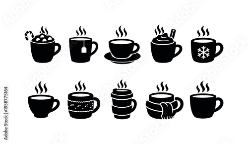 Collection of steaming hot beverage icons for winter and holiday season