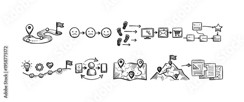 Doodle icons illustrating business processes, customer journey, and project milestones