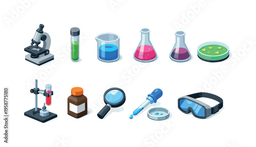 Collection of colorful laboratory equipment and scientific instruments in isometric view