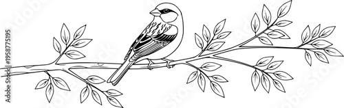 A small bird perched gracefully on a tree branch with delicate leaves