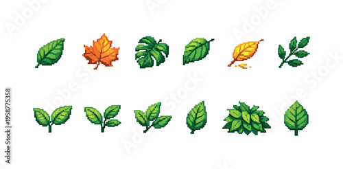 Collection of pixel art leaves in various shapes and colors, representing nature