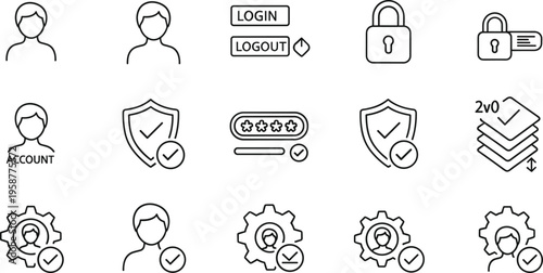 User account security icons set with login, logout, password protection, shield and verification outline vector illustration collection