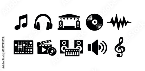 Collection of black music and audio icons on a white background
