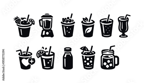 Collection of stylized icons representing various beverages and a blender