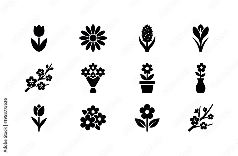 Obraz premium Collection of twelve stylized black and white floral icons for spring