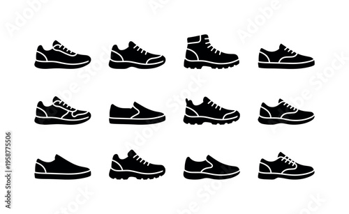 Collection of diverse black shoe icons showcasing various styles and designs