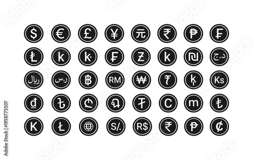 Collection of global currency symbols displayed in a grid on a white background