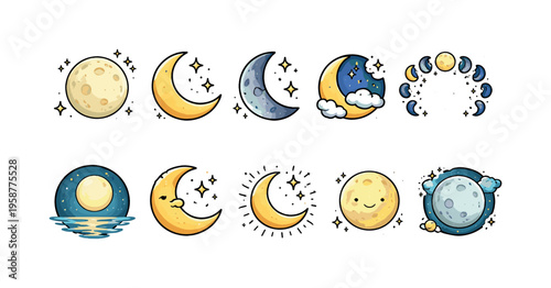 Collection of cute cartoon moon phases and celestial bodies with stars