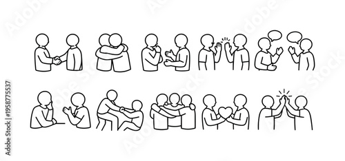Collection of simple line art icons depicting human connection and interaction