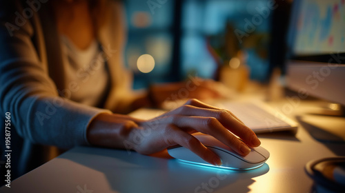 Quietly elegant close up of an unrecognizable person's hand in a relaxed open position resting beside a sleek white wireless mouse on a bright white desk the mouse's scroll wheel