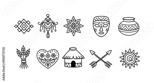 Collection of hand-drawn tribal and cultural icons in a simple line art style