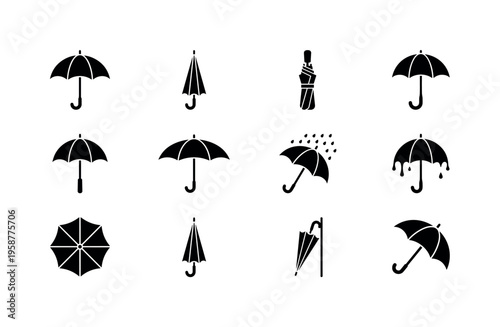 Collection of black umbrella icons showing different styles and uses