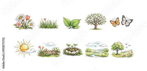 Collection of charming hand-drawn illustrations depicting spring nature scenes and elements