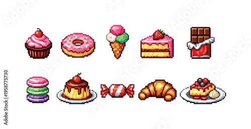 Pixel art collection of various sweet desserts and treats in a retro style
