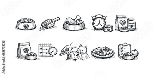 Hand-drawn icons illustrating pet feeding routines, meal planning, and healthy diets