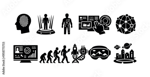 Collection of futuristic technology and human evolution icons