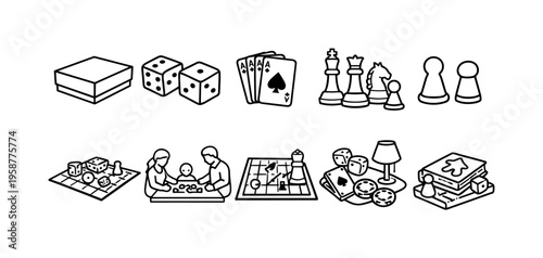Collection of board game icons and elements for family fun and entertainment