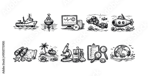 Collection of hand-drawn icons representing oceanographic research and exploration activities