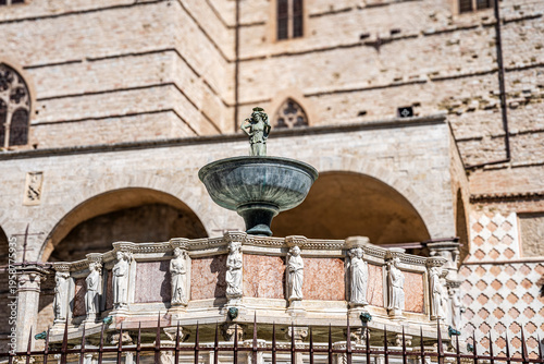 The marble upper basin of the Fontana Maggiore (1278-1280), sculpted by Nicola and Giovanni Pisano, showing months, zodiac signs and liberal arts, in Perugia, Umbria region, Italy. 