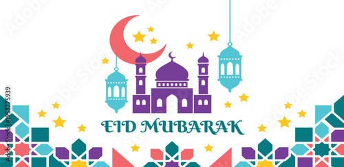 Ramadan Kareem greeting with Islamic lanterns, crescent moon, and geometric patterns on a colorful tiled background, celebrating the holy month of fasting