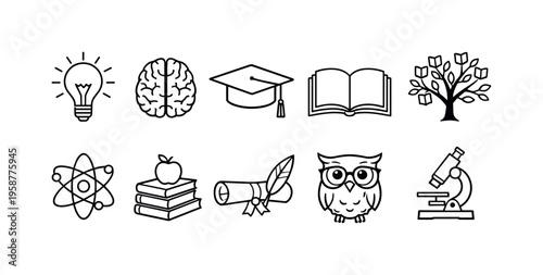 Collection of educational and scientific icons representing knowledge and learning