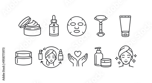 Collection of skincare icons representing beauty treatments and products for healthy skin