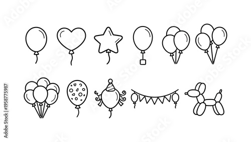 Collection of simple line art icons representing balloons and party elements