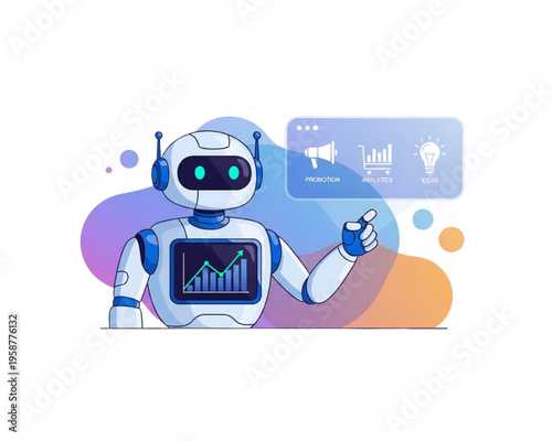 AI robot with growth chart on chest pointing at digital marketing icons, automated business promotion strategy, artificial intelligence analytics concept, flat vector illustration of smart bot.