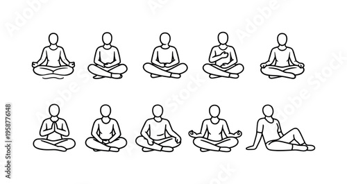 Collection of simple line art icons depicting people in various meditation poses