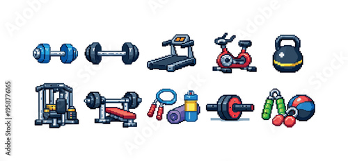 Pixel art collection of gym equipment and fitness accessories for workouts