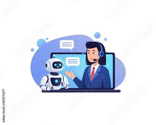 Hybrid customer service concept with AI robot and human agent, virtual assistant collaboration on laptop screen, technical support chat interaction, flat vector illustration of help desk.