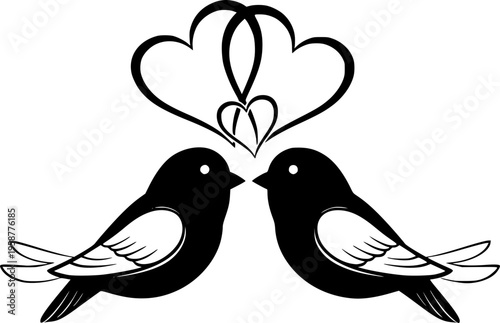 Two lovebirds with hearts symbolizing affection and companionship in a whimsical drawing
