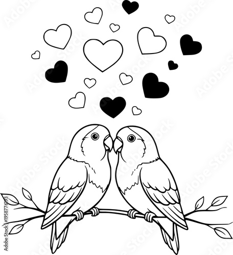 Two lovebirds with hearts symbolizing affection and companionship in a whimsical drawing