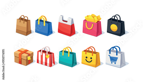 Collection of colorful shopping bags and gift boxes in isometric view