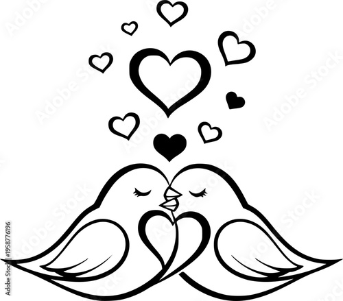 Two lovebirds with hearts symbolizing affection and companionship in a whimsical drawing