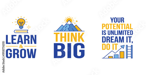 Vibrant graphic design set emphasizing the journey of personal development, intellectual growth, and achieving success through ambition and big thinking
