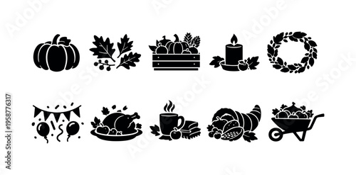 Collection of Thanksgiving icons including pumpkin, turkey, and cornucopia