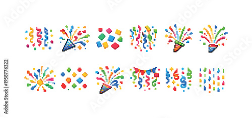 Pixel art collection of festive confetti and party poppers for celebrations
