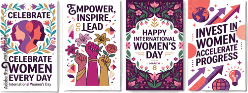 Vibrant graphic designs celebrating women's empowerment, promoting equality, inspiring leadership, and advocating for progress on International Women's Day