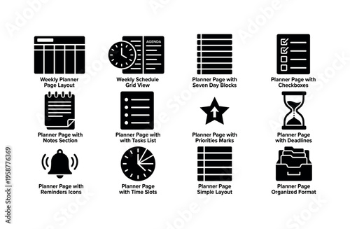 Collection of icons representing different planner page layouts and organizational tools