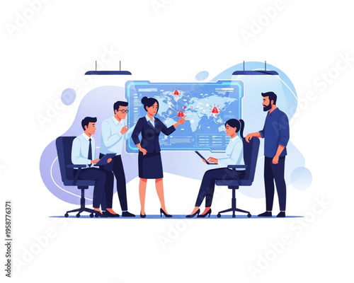 Global Crisis Management Team: Professionals analyzing cybersecurity threats & warning alerts on world map interface. Risk assessment strategy meeting, emergency response & digital data concept.