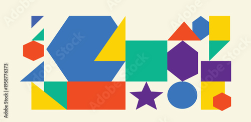 A vibrant and playful abstract geometric pattern featuring a colorful assortment of shapes on a cream background, perfect for design and creative projects